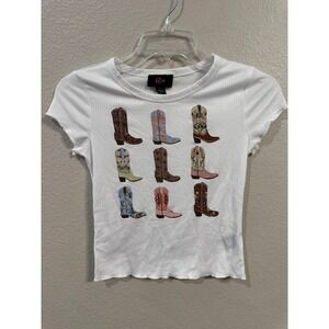 IZ Byer Girl White Cowboy Boots Graphic Ribbed Short Sleeve Crop Top